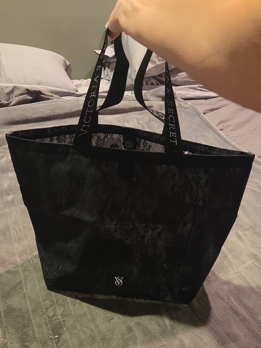 NWT Victoria's Secret Black Lace Tote with Branded Straps